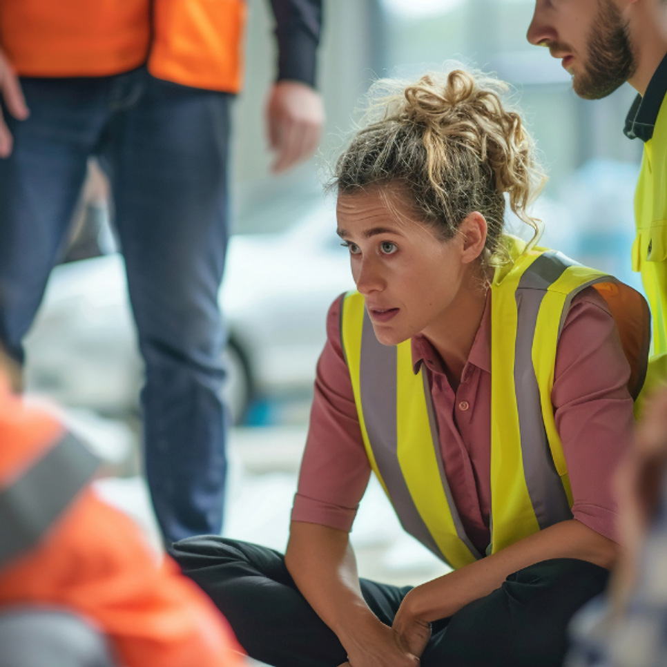 En kvinna som sitter på marken omgiven av andra människor.