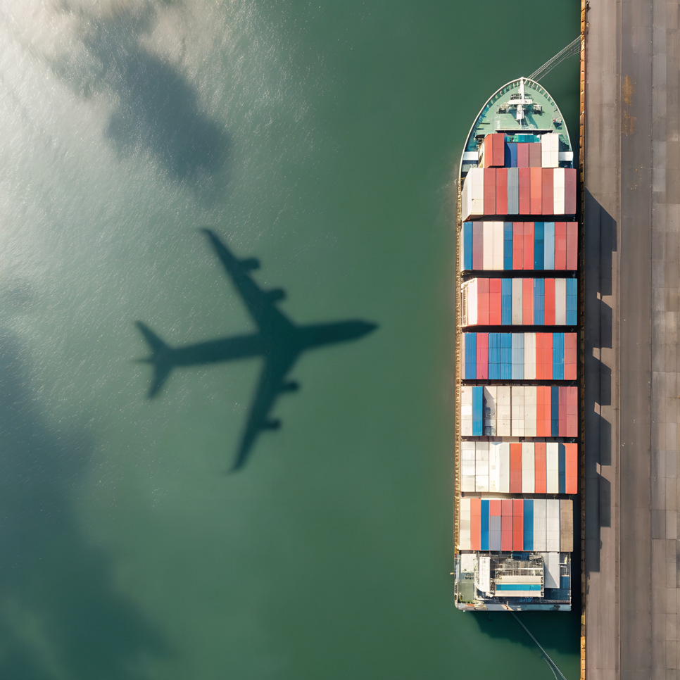 Ett flygplan flyger över ett stort containerfartyg.