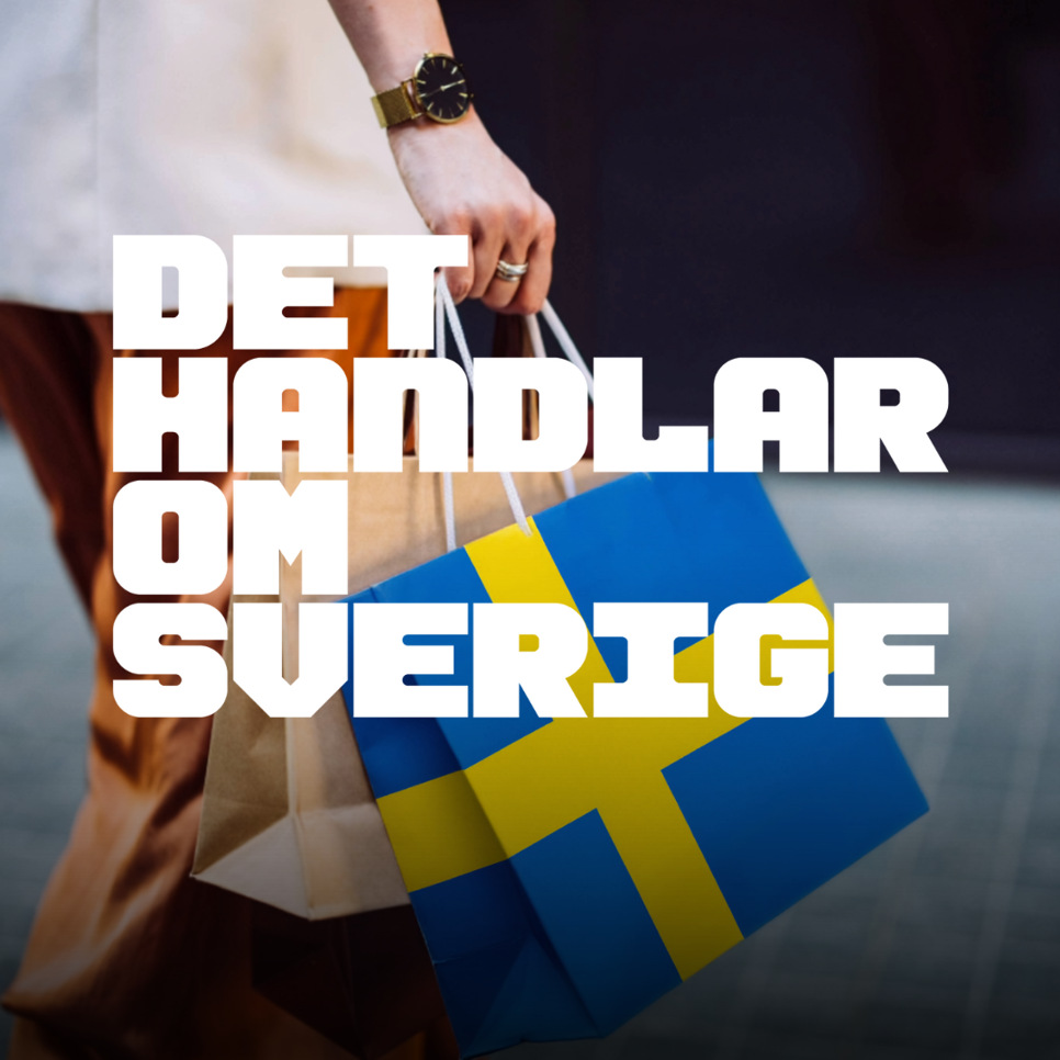 En person som håller i en shoppingväska med en svensk flagga på.