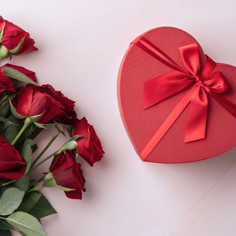 En bukett rosor bredvid en hjärtformad låda.