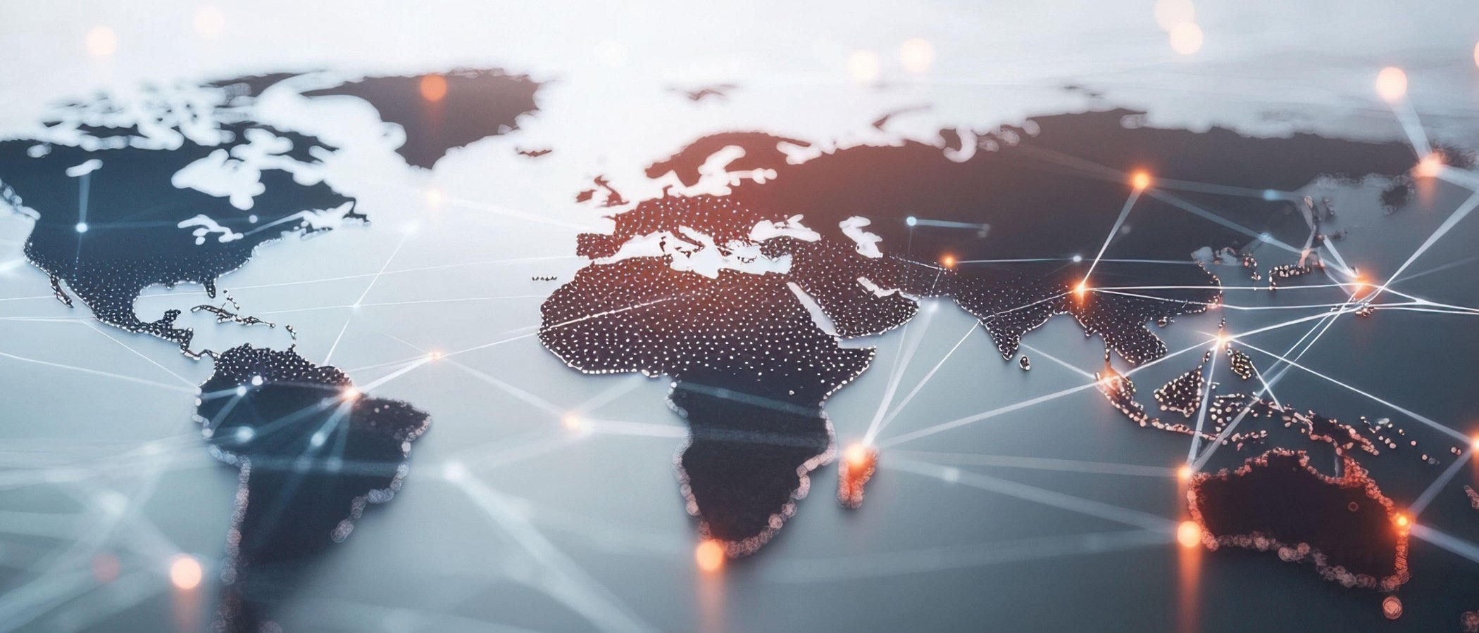 En världskarta med prickar och linjer.