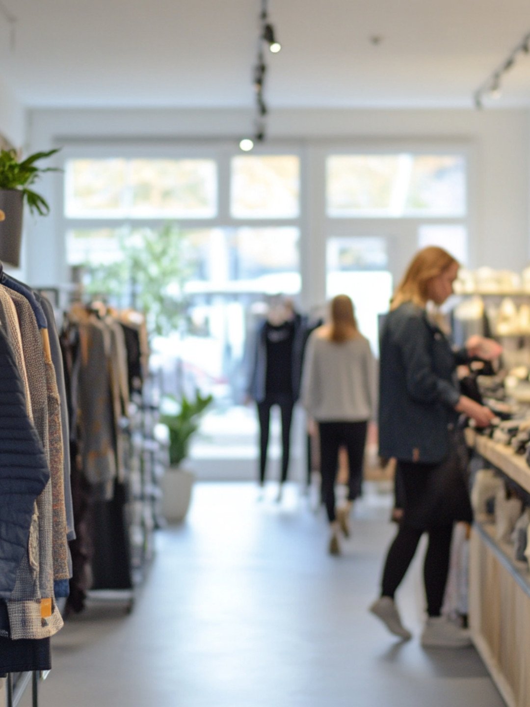 En damklädesbutik med människor som shoppar.