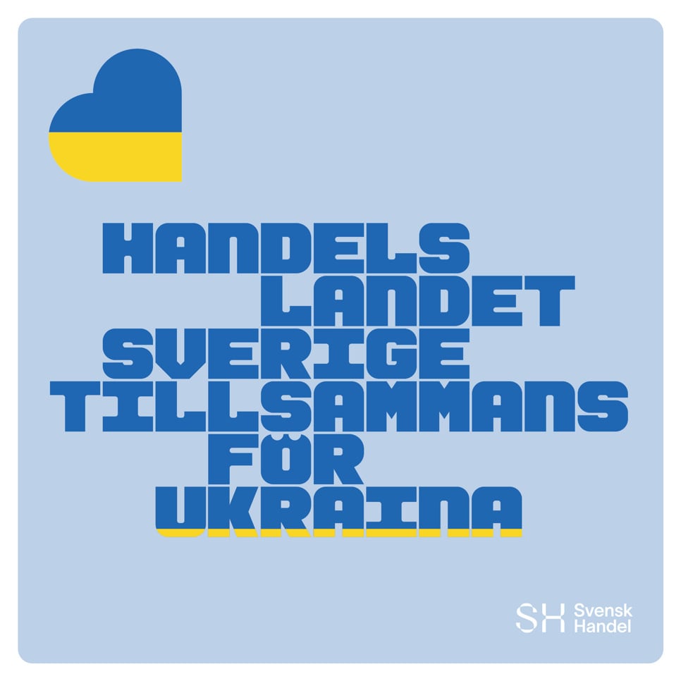 En blågul affisch med orden Handelslandet Sverige tillsammans för Ukraina