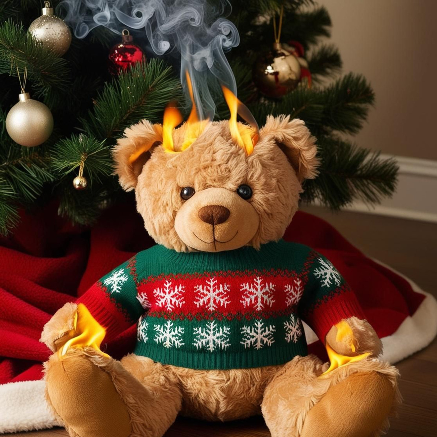 En nallebjörn i tröja med ett tänt ljus.