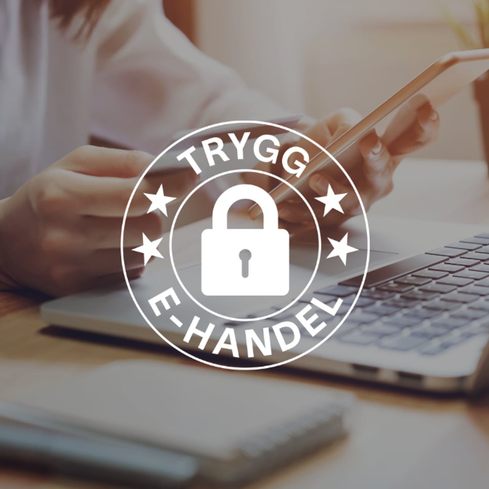 person som sitter framför en laptop med mobiltelefon i handel och ovanpå det trygg e-handels emblem