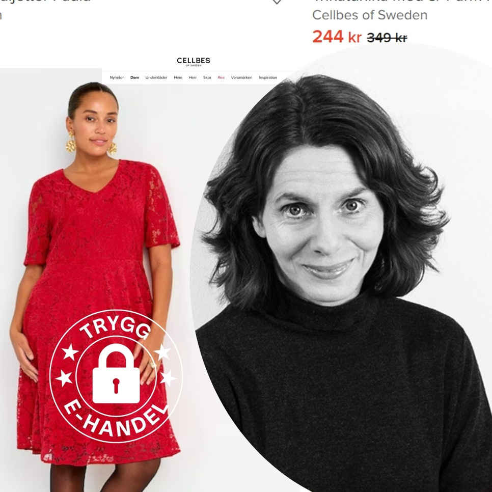 En kvinna i röd klänning bredvid en bild av en kvinna i svart klänning.