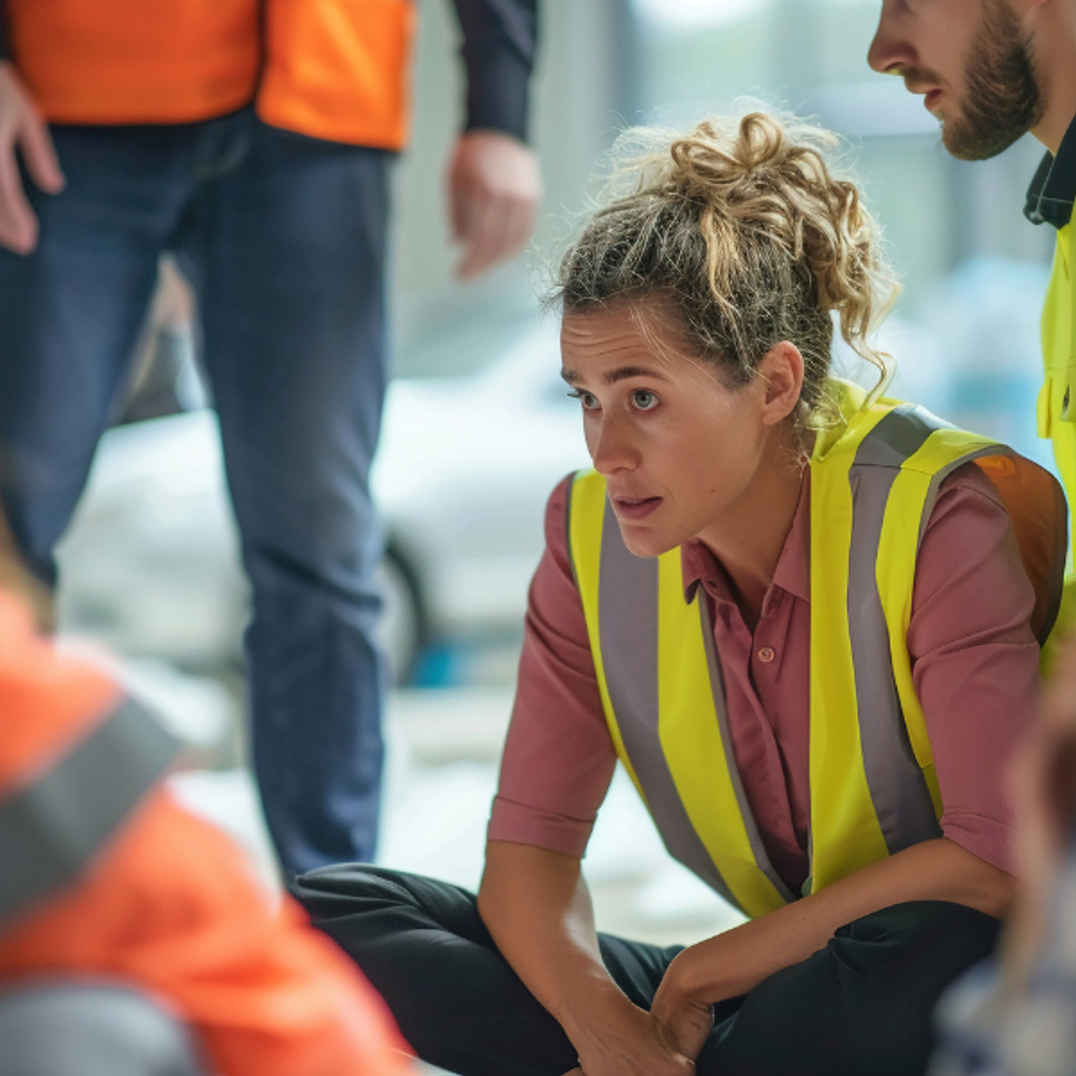 En kvinna som sitter på marken omgiven av andra människor.