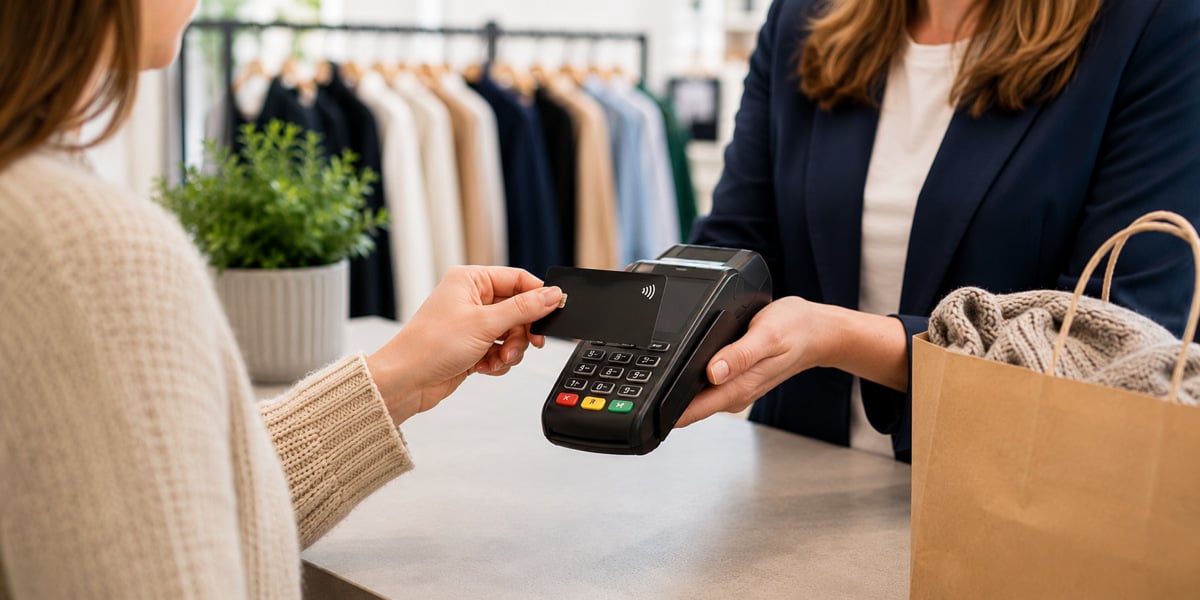 En kvinna som betalar med kreditkort i en butik.