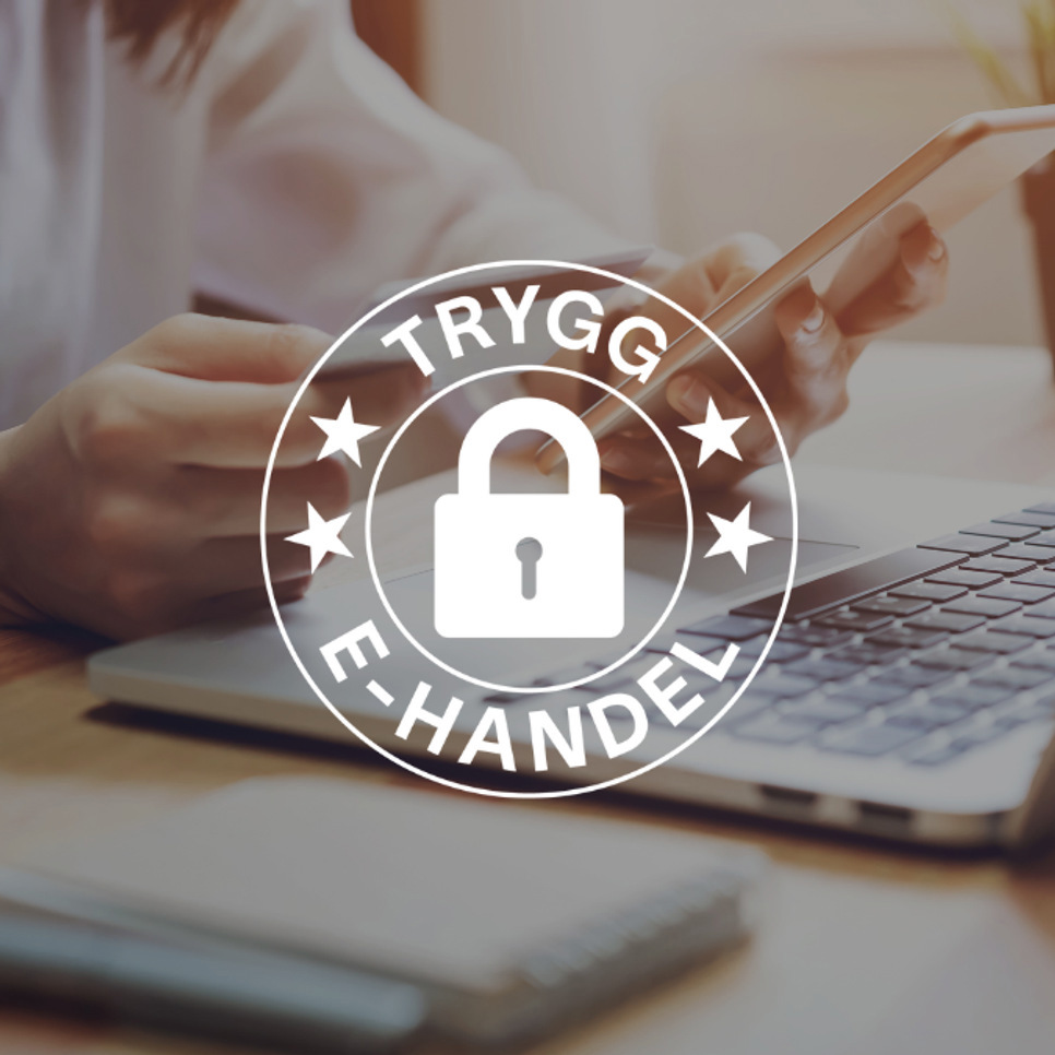 person som sitter framför en laptop med mobiltelefon i handel och ovanpå det trygg e-handels emblem