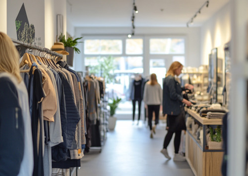 En damklädesbutik med människor som shoppar.