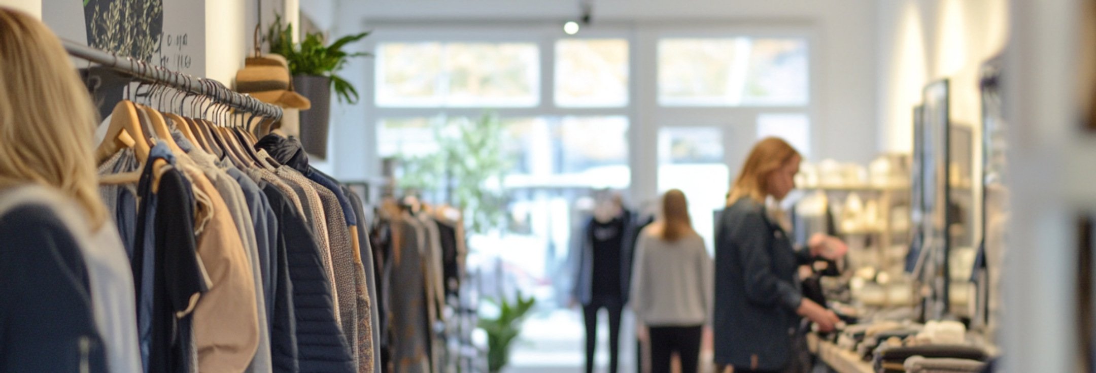 En damklädesbutik med människor som shoppar.