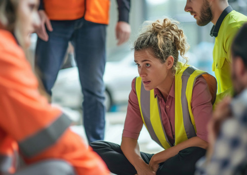 En kvinna som sitter på marken omgiven av andra människor.
