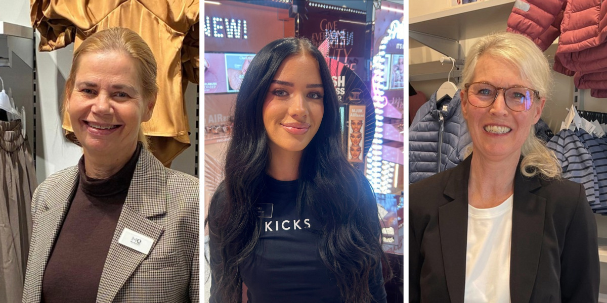 Tre bilder på kvinnor i en klädbutik.