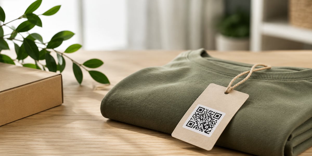 En t - shirt med en qr-kod på som ligger på ett bord bredvid en låda.