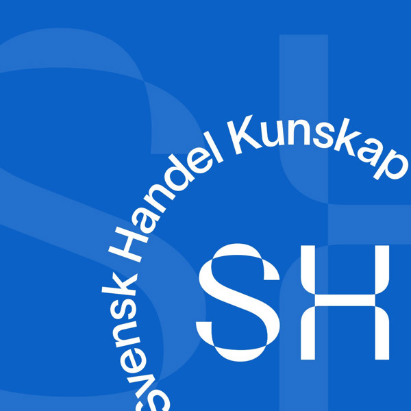 En blå bakgrund med vita bokstäver och en blå cirkel.