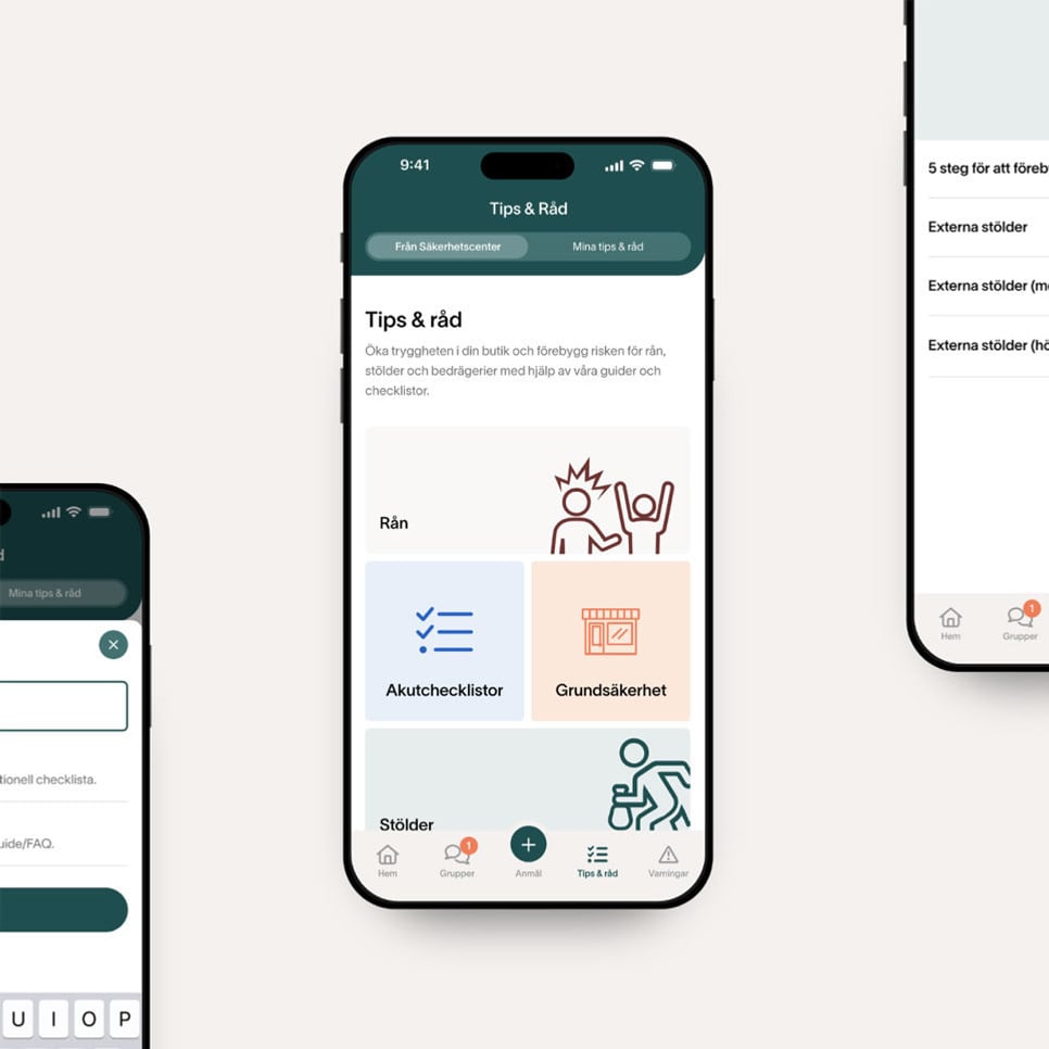 Tre smartphones som visar olika typer av appdesign.