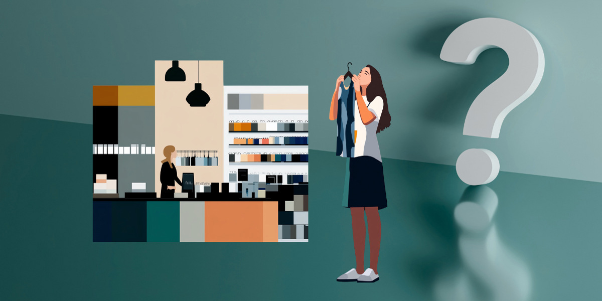 Kvinna hänger upp tröja. Stort frågetecken i bakgrunden.