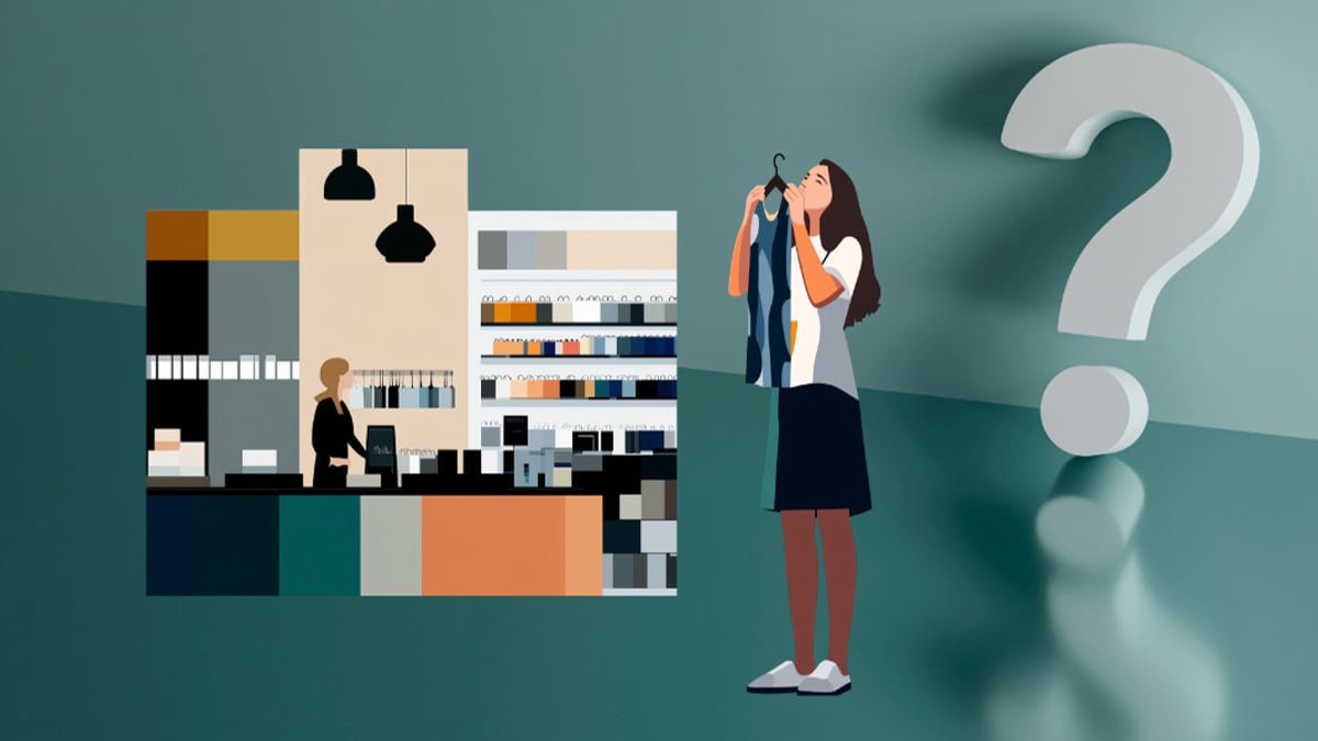 Kvinna hänger upp tröja. Stort frågetecken i bakgrunden.