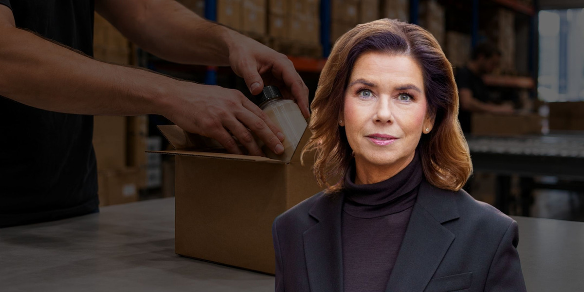 Kvinna står framför person som packar ner varor i kartong