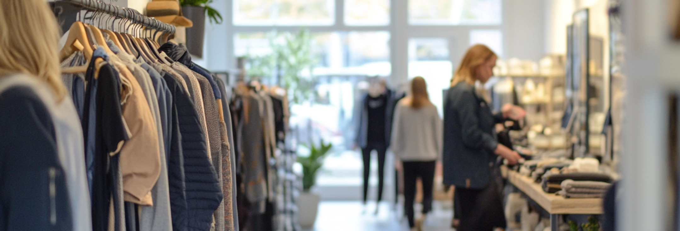 En damklädesbutik med människor som shoppar.