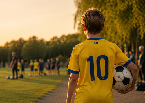 En ung pojke håller i en fotboll på en fotbollsplan.