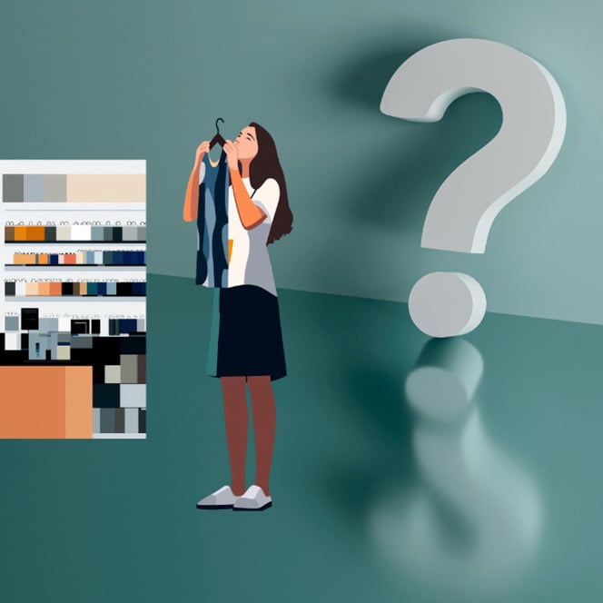 En kvinna som står framför en vägg med ett frågetecken på.