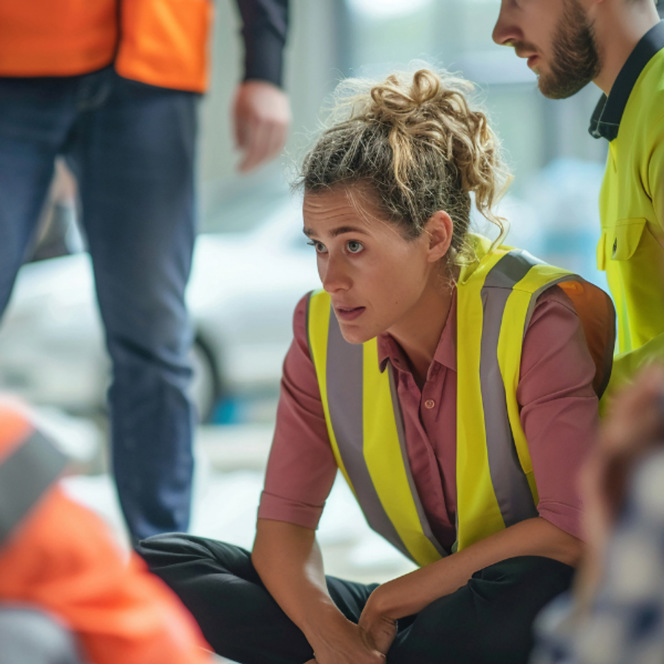 En kvinna som sitter på marken omgiven av andra människor.