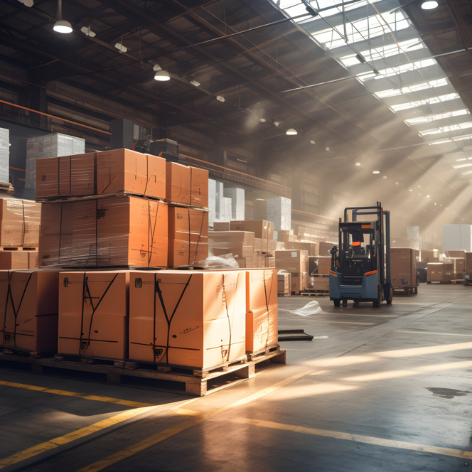 En lagerlokal med massor av lådor och en gaffeltruck.