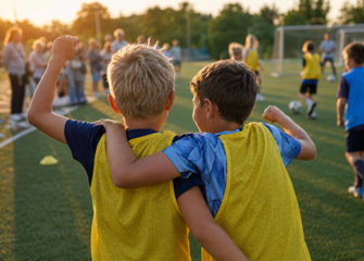 Några unga pojkar som står mitt på en fotbollsplan.