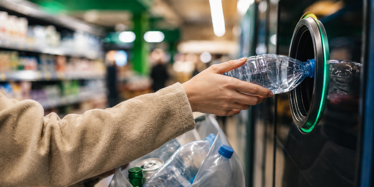 En person håller en plastflaska i en butik.