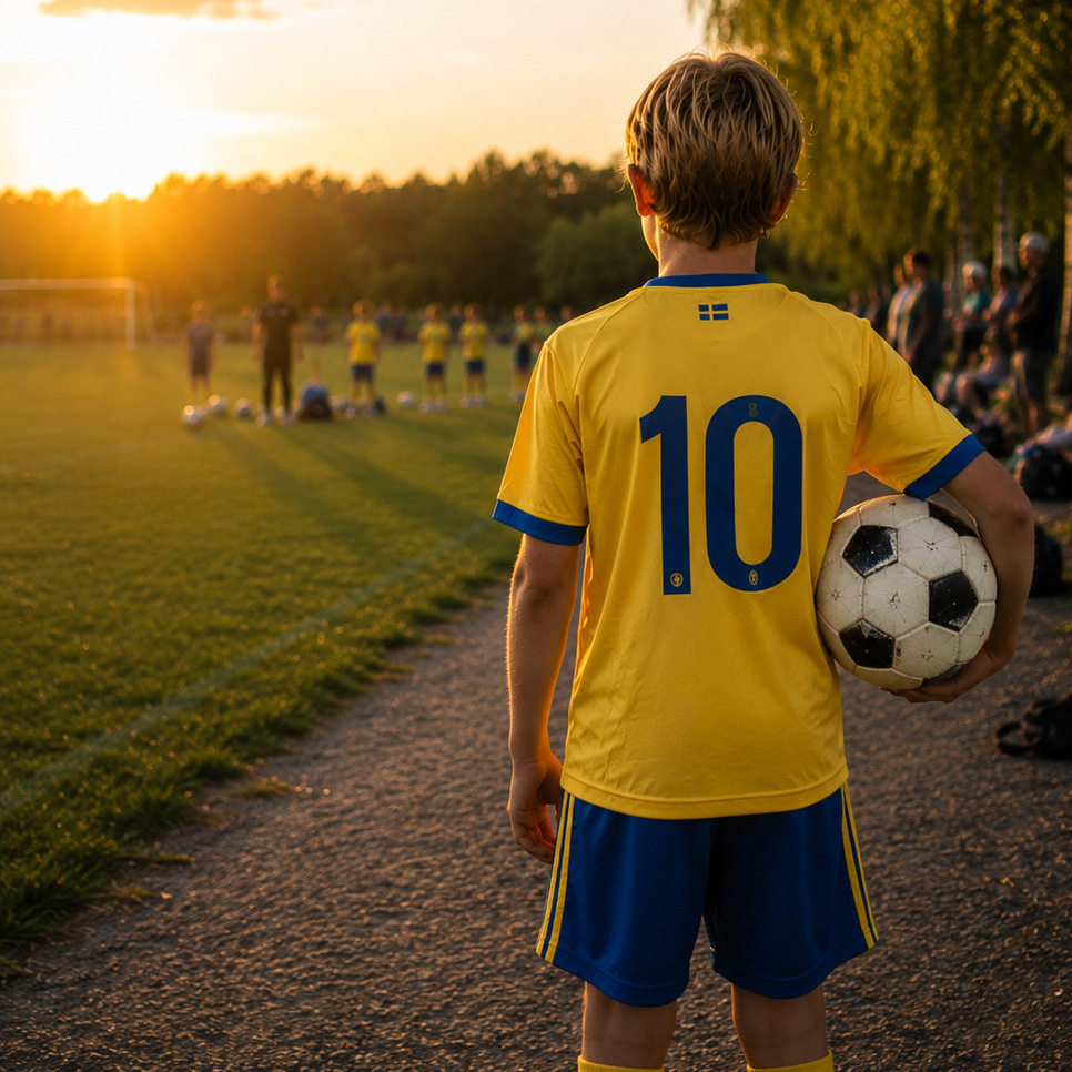 En ung pojke håller i en fotboll på en fotbollsplan.