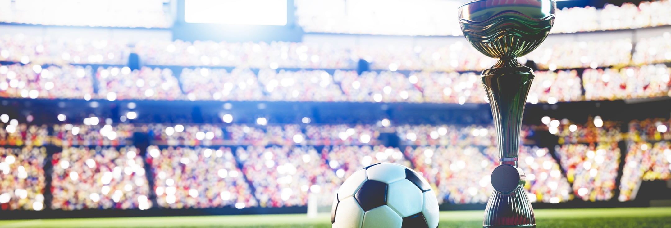 En fotboll och en pokal på en fotbollsplan.