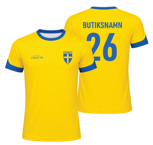 En gul fotbollstr&ouml;ja med en bl&aring; rand p&aring; br&ouml;stet.