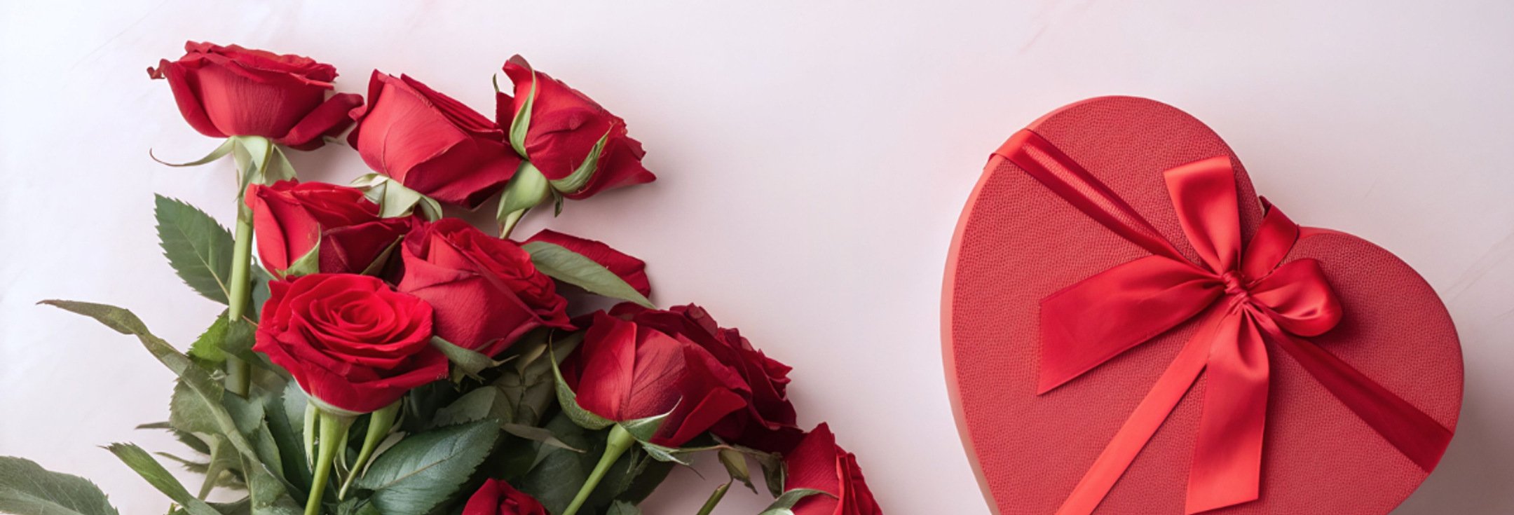 En bukett rosor bredvid en hjärtformad låda.