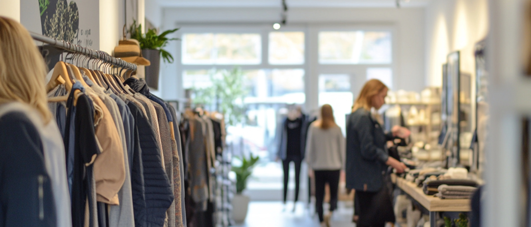 En damklädesbutik med människor som shoppar.