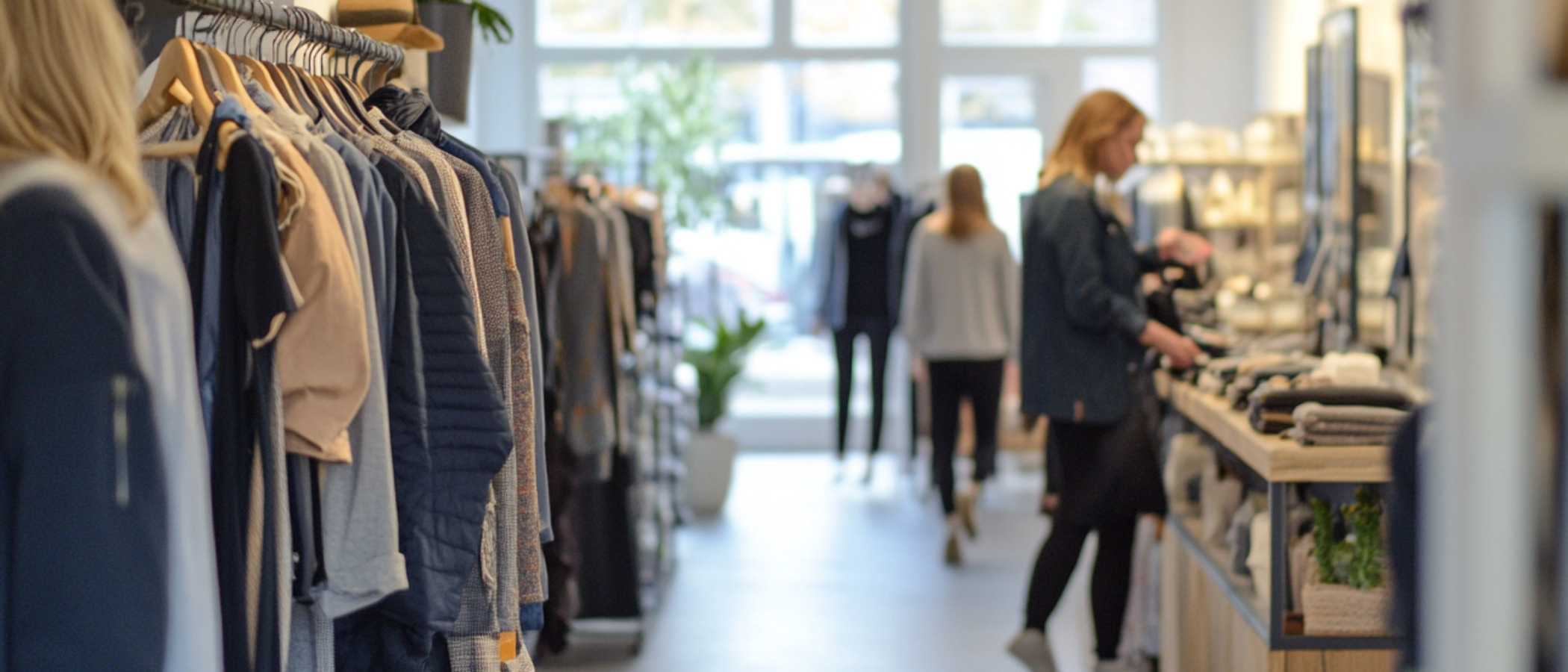 En damklädesbutik med människor som shoppar.