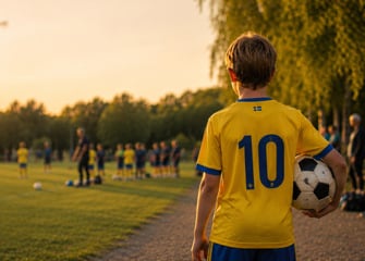 En ung pojke håller i en fotboll på en fotbollsplan.