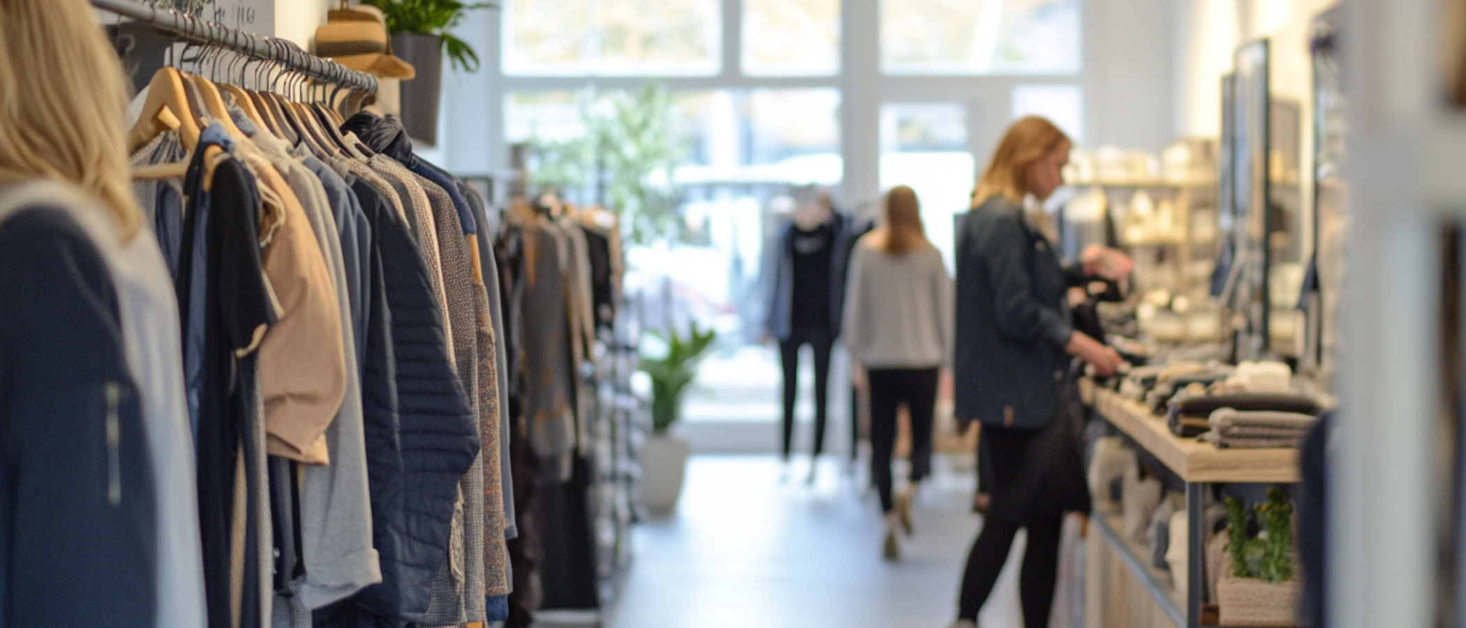 En damklädesbutik med människor som shoppar.