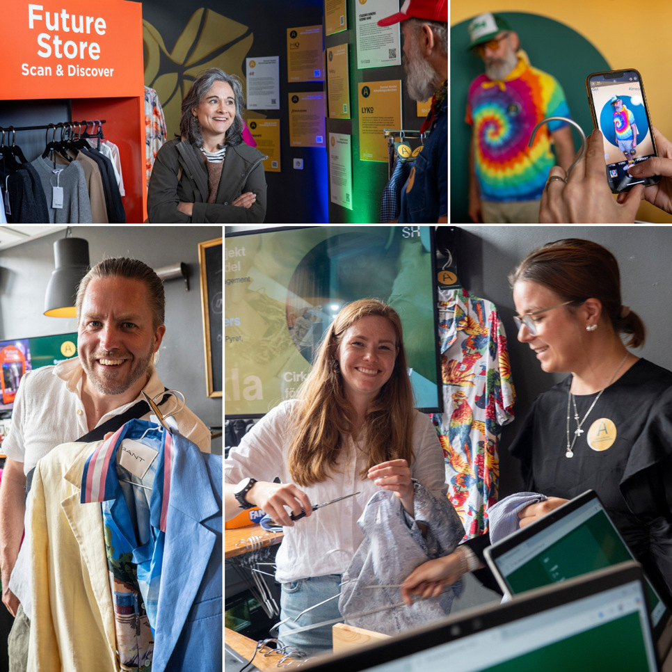 En grupp människor som står runt en butik.