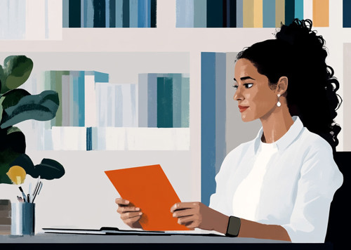 En målning av en kvinna som sitter vid ett skrivbord och läser en bok.