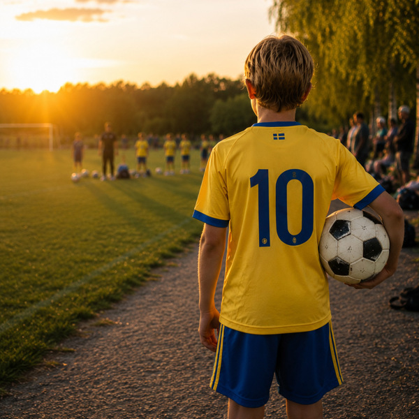 En ung pojke håller i en fotboll på en fotbollsplan.