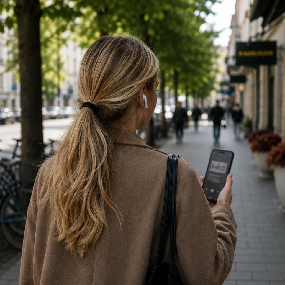 En kvinna går längs en gata och håller i en mobiltelefon.