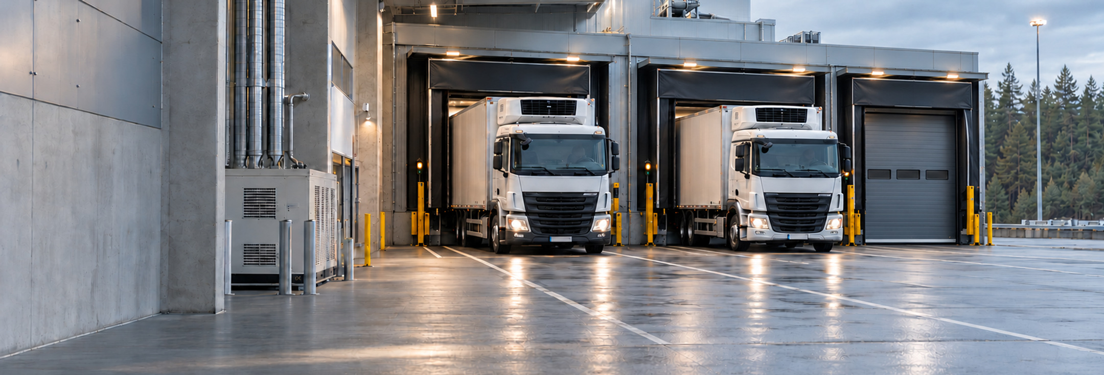 Några lastbilar som står parkerade framför en byggnad.