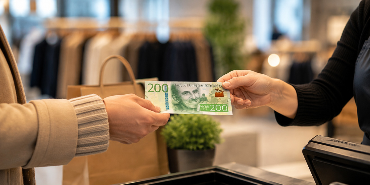 Två personer som växlar pengar i en butik.
