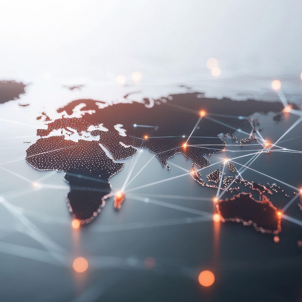 En världskarta med prickar och linjer.