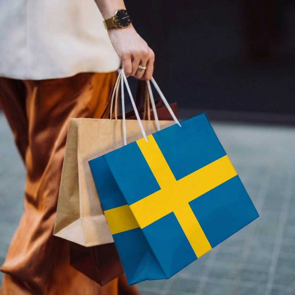 En person som bär en väska med en flagga på.