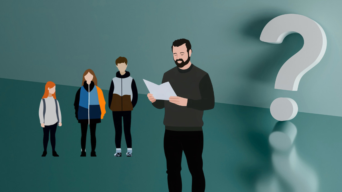 En man läser på ett papper. Tre barn och ett stort frågetecken i bakgrunden.