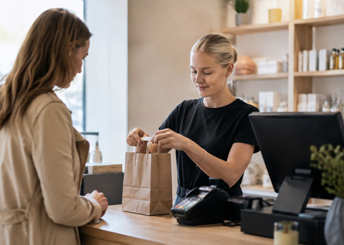 En kvinna som står vid en disk i en butik.