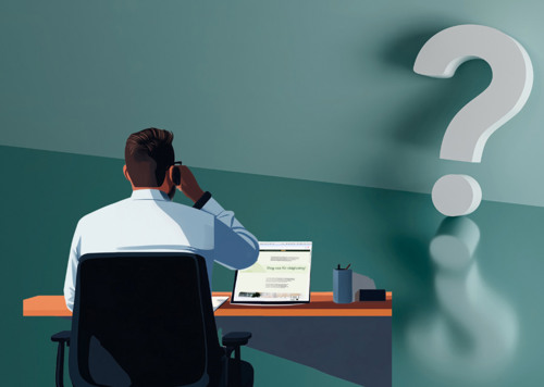 man vid skrivbord och frågetecken i bakgrunden