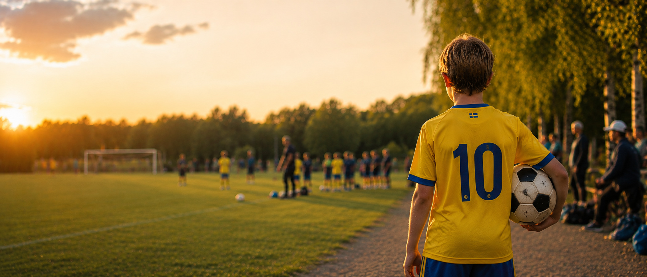 En ung pojke håller i en fotboll på en fotbollsplan.